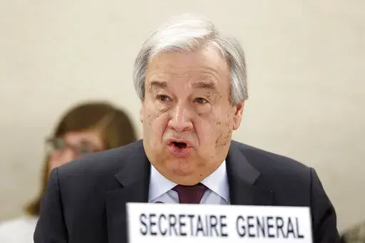 U.N. Secretary-General Antonio Guterres addresses his statement, during the opening of the High-Level Segment of the 43rd session of the Human Rights Council, at the European headquarters of the United Nations in Geneva, Switzerland, on Feb. 24, 2020. Guterres will help kick off the latest and longest-ever session of the U.N.'s top human rights body on Monday Feb. 27, 2023, with Iran's foreign minister, a senior Russian envoy, and the top diplomats of France and Germany among scores of leaders s