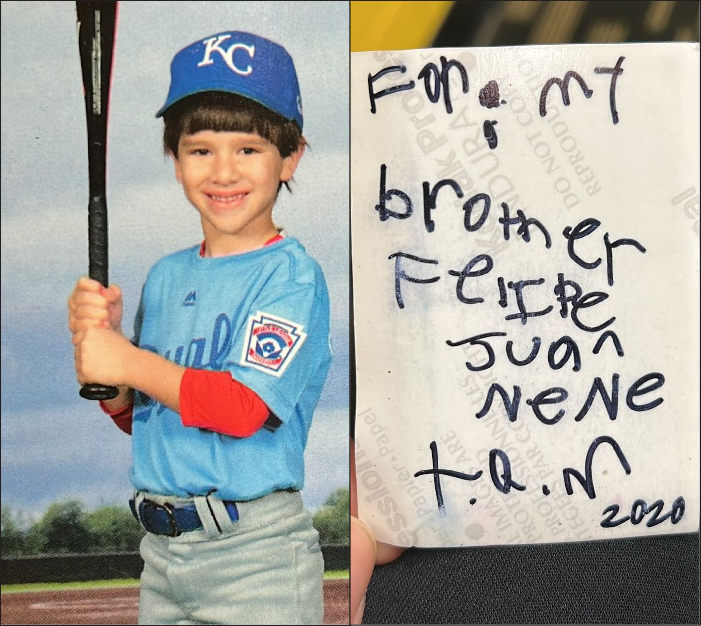 Pictured is the front and back of the photo of Little Juan Cardona that Felipe Haase keeps in his wallet. The abbreviation T.Q.M. is short for ‘te quiero mucho,’ which translates to I love you so much. 