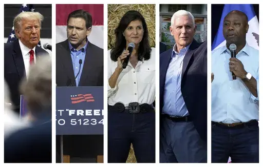 This combination of 2023 photos shows, from left, former President Donald Trump, Florida Gov. Ron DeSantis, former U.N. Ambassador Nikki Haley, former Vice President Mike Pence and South Carolina Sen. Tim Scott. “There is a segment of the white evangelical populace, they’re looking for a way to distance themselves with the deal with the devil they made in 2016" in supporting Trump, said the Rev. Joel Bowman Sr. of Louisville, Kentucky, who was among several Black pastors who left the SBC in 