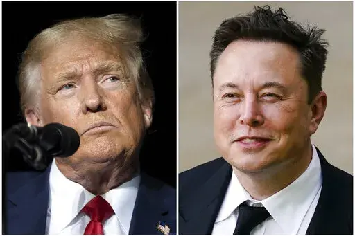 This combination of photos shows former President Donald Trump during rally at the Minden Tahoe Airport in Minden, Nev., Oct. 8, 2022, left, and Elon Musk in Wilmington, Del., July 12, 2021. Trump and Musk share a reputation as disrupters. Now, they're grappling with tribulations that may be unlike anything thrown at them before. (AP Photo, File)