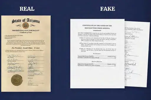 This image released in the final report by the House select committee investigating the Jan. 6 attack on the U.S. Capitol, on Dec. 22, 2022, shows a graphic that illustrates the difference between real and fake Presidential Elector Ballots from Arizona. An Arizona grand jury's indictment of 18 people who either posed as or helped organize a slate of electors claiming Donald Trump won the state in 2020 could help shape the landscape of challenges to the 2024 election. (House Select Committee via 