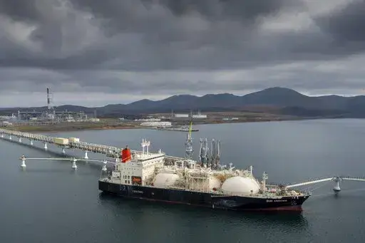 The tanker Sun Arrows loads its cargo of liquefied natural gas from the Sakhalin-2 project in the port of Prigorodnoye, Russia, on Friday, Oct. 29, 2021. Europe's natural gas woes are far from over in Jan. 2022. Prices are high. Underground reserves that are relied on in cold weather are low. Russia's state-owned Gazprom isn't selling as much spot gas as it used to. The pipeline operators have told the European Union's executive commission that if there's a cold winter, the continent's gas compa
