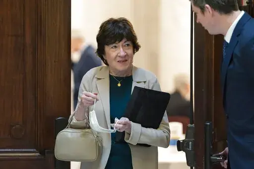 Sen. Susan Collins, R-Maine, leaves a policy luncheon, on Feb., 17, 2022, on Capitol Hill in Washington. President Joe Biden and Senate Democrats say they are hoping for a bipartisan vote to confirm Ketanji Brown Jackson to the Supreme Court. (AP Photo/Jacquelyn Martin, File)