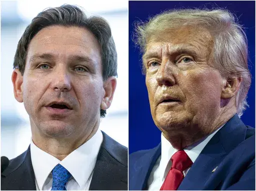 This combination of photos shows Florida Gov. Ron DeSantis speaking on April 21, 2023, in Oxon Hill, Md., left, and former President Donald Trump speaking on March 4, 2023, at National Harbor in Oxon Hill, Md. In his first week on the campaign trail as a presidential candidate, Gov. DeSantis repeatedly hit his chief rival, Donald Trump, from the right. DeSantis told a conservative radio host, “This is a different guy than 2015, 2016." Meanwhile, Trump has repeatedly attacked DeSantis from the 