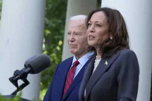 President Joe Biden listens as Vice President Kamala Harris speaks in the Rose Garden of the White House in Washington, May 13, 2024. With Biden ending his reelection bid and endorsing Harris, Democrats now must navigate a shift that is unprecedented this late in an election year. Democrats are set to hold their convention in Chicago in August. (AP Photo/Susan Walsh, File)