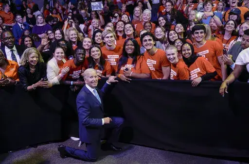 President Joe Biden poses for a photo with the Students Demand Action group after speaking at the National Safer Communities Summit at the University of Hartford in West Hartford, Conn., June 16, 2023. The oldest president in American history, Joe Biden would be 86 by the end of his second term, should he win one. He’ll nonetheless need young voters to back him next year as solidly as those under 30 did in 2020, when they supported Biden over his predecessor, Donald Trump, by a 61% to 36% marg