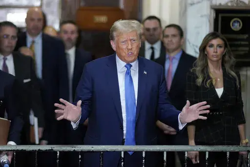 Former President Donald Trump speaks outside the courtroom after testifying at New York Supreme Court, Monday, Nov. 6, 2023, in New York. (AP Photo/Eduardo Munoz Alvarez)