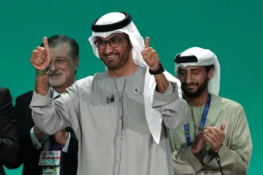 COP28 President Sultan al-Jaber gestures at the end of the COP28 U.N. Climate Summit, Wednesday, Dec. 13, 2023, in Dubai, United Arab Emirates. (AP Photo/Kamran Jebreili)