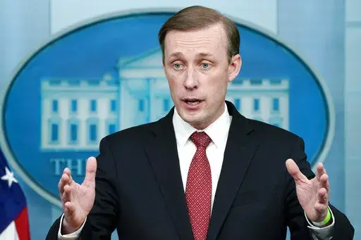 White House national security adviser Jake Sullivan speaks during a press briefing at the White House, Feb. 11, 2022, in Washington. President Biden is sending his national security adviser for talks with a senior Chinese official in Rome on Monday, March 14, 2022. The meeting comes as concerns grow that China is amplifying Russian disinformation in the Ukraine war. Last week the White House accused Beijing of spreading false Russian claims that Ukraine was running chemical and biological weapon