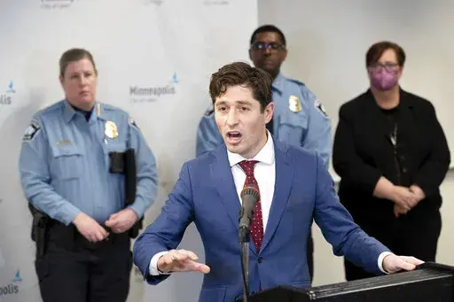 Minneapolis Mayor Jacob Frey speaks during a press conference Wednesday, April 27, 2022 in Minneapolis, Minn. A state investigation launched after George Floyd was killed by a Minneapolis police officer has determined that the Minneapolis Police Department has engaged in a pattern of race discrimination. (Glen Stubbe/Star Tribune via AP)