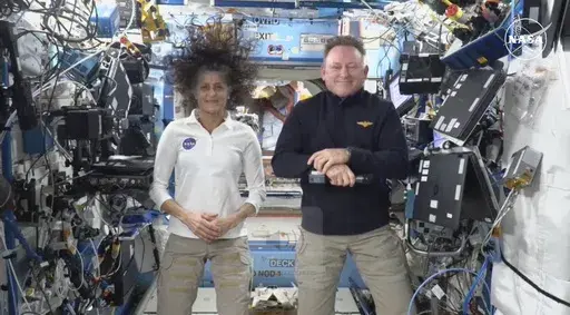 This image made from a NASA live stream shows NASA astronauts Suni Williams and Butch Wilmore during a press conference from the International Space Station on Friday, Sept. 13, 2024. (NASA via AP, File)