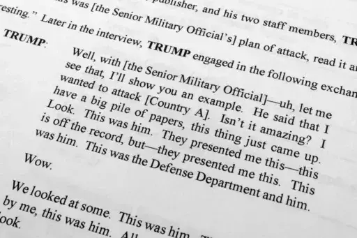 The indictment against former President Donald Trump is photographed on Friday, June 9, 2023. Trump is facing 37 felony charges related to the mishandling of classified documents according to the unsealed indictment that also alleges that he improperly shared a Pentagon "plan of attack" and a classified map related to a military operation.(AP Photo/Jon Elswick)