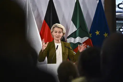 European Commission President Ursula von der Leyen speaks in the ballroom of Muenster Town Hall, in Muenster, Germany, May 28, 2024. A group that monitors for misinformation found deep problems when it tested the most popular artificial intelligence voice-cloning tools and asked them to create audio of some of the world's leading political figures. (Jana Rodenbusch/Pool Photo via AP)