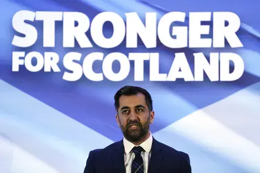 Newly elected Scottish National Party leader Humza Yousaf speaks after being announced new SNP leader, at Murrayfield Stadium, in Edinburgh, Scotland, Monday, March 27, 2023. Scotland’s governing Scottish National Party elected Yousaf as its new leader on Monday after a bruising five-week contest that exposed deep fractures within the pro-independence movement. The 37-year-old son of South Asian immigrants is set to become the first person of color to serve as Scotland’s first minister. (And