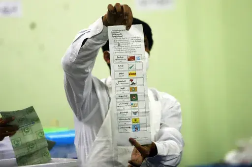 An official of the Union Election Commission counts ballots at a polling station in Naypyitaw, Myanmar, on Nov. 8, 2020. A top election official in Myanmar was fatally shot on Saturday, April 22, 2023, in his car in Yangon, the country’s commercial capital, in the latest attack attributed to militants opposed to military rule. (AP Photo/Aung Shine Oo, File)