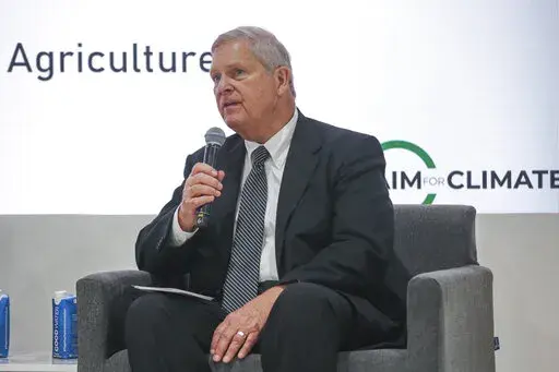 U.S. Agriculture Secretary Tom Vilsack speaks about the Aim for Climate Initiative with United Arab Emirates Minister for Climate Change and Environment Mariam Almeiri, in the UAE Pavilion at the COP27 U.N. Climate Summit, in Sharm el-Sheikh, Egypt, on Nov. 11, 2022. The federal government on Monday, Dec. 12, announced another $325 million for agricultural projects that are intended to reduce greenhouse gas emissions. Vilsack announced the latest round of funding at Tuskegee University, a histor