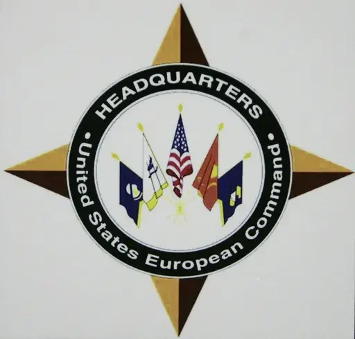 The logo of the headquarters of the US European Command (US EUCOM) is seen in the Patch Barracks in Stuttgart, southwestern Germany, Dec. 4, 2006. Five U.S. servicepeople were killed when a military aircraft crashed over the eastern Mediterranean Sea during a training mission, U.S. European Command said Sunday, Nov. 12, 2023. (AP Photo/Thomas Kienzle, file)