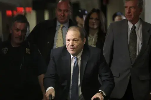 Harvey Weinstein arrives at a Manhattan courthouse for jury deliberations in his rape trial, Feb. 24, 2020, in New York. Nearly four years after Weinstein was convicted of rape and sent to prison, New York’s highest court will hear arguments Wednesday, Feb. 14, 2024, in his quest to overturn the landmark #MeToo-era verdict. (AP Photo/Seth Wenig, File)