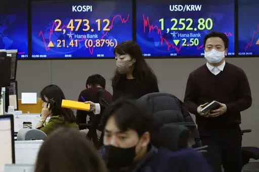 Currency traders pass by the screens showing the Korea Composite Stock Price Index (KOSPI), left, and the foreign exchange rate between U.S. dollar and South Korean won at the foreign exchange dealing room of the KEB Hana Bank headquarters in Seoul, South Korea, Wednesday, Feb. 8, 2023. Shares were mixed in Asia on Wednesday after stocks rallied on Wall Street following comments by the chair of the Federal Reserve signaling that last week’s stunningly strong jobs report won’t by itself sway 