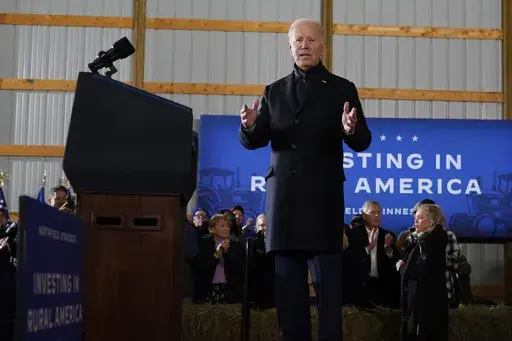 President Joe Biden speaks at Dutch Creek Farms in Northfield, Minn., Wednesday, Nov. 1, 2023. (AP Photo/Andrew Harnik)
