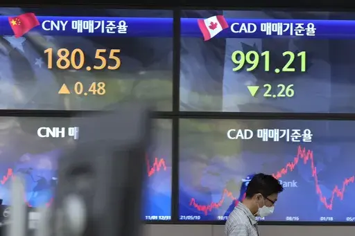A currency trader walks near the screens showing the foreign exchange rates at a foreign exchange dealing room in Seoul, South Korea, Wednesday, May 17, 2023. Asian shares were trading mixed Wednesday as Japan's benchmark jumped on the news of solid economic growth data, while the rest of the region was mired in uncertainty. (AP Photo/Lee Jin-man)