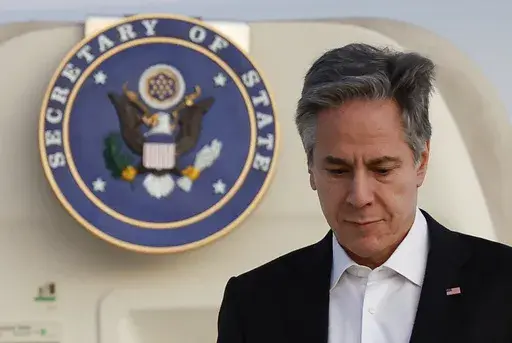 U.S. Secretary of State Antony Blinken arrives on the island of Crete, Greece, Saturday, Jan. 6, 2024 during his week-long trip aimed at calming tensions across the Middle East. (Evelyn Hockstein/Pool Photo via AP)