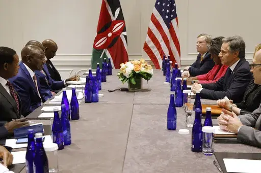 Secretary of State Antony Blinken, right, meets with Kenya's President William Ruto, left, Thursday, Sept. 21, 2023, in New York. (AP Photo/Jason DeCrow, Pool)