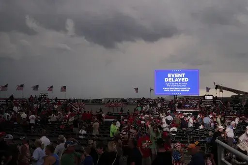 Supporters of former President Donald Trump file out of the rally after it was canceled due to threatening weather in Wilmington, N.C., Saturday, April 20, 2024. (AP Photo/Chris Seward)
