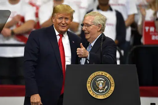 Then President Donald Trump, left, and Senate Majority Leader Mitch McConnell of Ky., greet each other during a campaign rally in Lexington, Ky., Nov. 4, 2019. McConnell has endorsed Donald Trump for president. McConnell announced his decision after Super Tuesday wins pushed Trump, who is the GOP front-runner, closer to the party nomination. It’s a remarkable turnaround for McConnell, who has blamed Trump for “disgraceful” acts in the Jan. 6, 2021, attack on the Capitol. (AP Photo/Timothy 