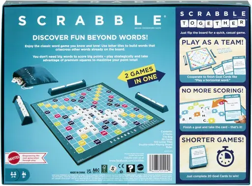 This photo provided by Mattel shows the new version of the board game Scrabble, that includes a new version called Scrabble Together. Mattel has unveiled a double-sided board that features both the classic word-building game and Scrabble Together, a new rendition aimed at making Scrabble more accessible “for anyone who finds word games intimidating." (Mattel via AP)