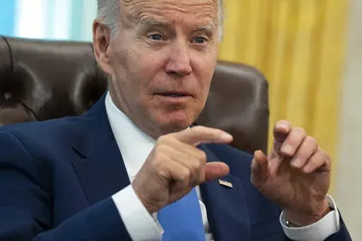 President Joe Biden speaks during an interview with the Associated Press in the Oval Office of the White House, Thursday, June 16, 2022, in Washington. (AP Photo/Evan Vucci)