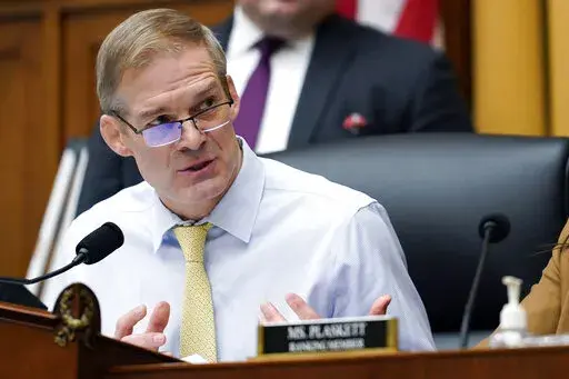 Chairman Jim Jordan, R-Ohio, left, speaks during a House Judiciary subcommittee hearing on Capitol Hill, Feb. 9, 2023, in Washington. (AP Photo/Carolyn Kaster, File)