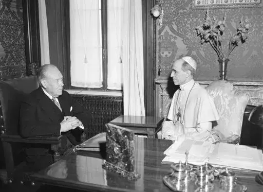 President Truman's envoy to the Vatican, Myron C. Taylor, left, has an audience with Pope Pius XII at Castelgandolfo near Rome, on Aug. 26, 1947. The Vatican has long defended its World War II-era pope, Pius XII, against criticism that he remained silent as the Holocaust unfolded, insisting that he worked quietly behind the scenes to save lives. Pulitzer Prize-winning author David Kertzer’s “The Pope at War,” which comes out Tuesday, June 7, 2022 in the United States, citing recently opene