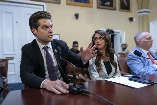 From left, Rep. Matt Gaetz, R-Fla., Rep. Lauren Boebert, R-Colo., and Rep. Scott Perry, R-Pa., propose amendments to the Department of Homeland Security Appropriations Bill before the House Rules Committee, at the Capitol in Washington, Friday, Sept. 22, 2023. (AP Photo/J. Scott Applewhite, File)