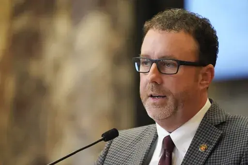 Mississippi Sen. David Parker, R-Olive Branch, speaks during a debate at the state Capitol, Feb. 7, 2023, in Jackson, Miss. For the second year in a row, the Mississippi Senate has passed a bill that would transfer control of the state capital's troubled water system to a regional board. Parker introduced a slightly modified version of the bill after it died in the House last session. (AP Photo/Rogelio V. Solis, File)