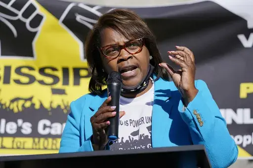 Danyelle Holmes, a national organizer with the Poor People's Campaign, speaks during a news conference, Nov. 2, 2020, in Jackson, Miss. On Wednesday, Sept. 27, 2023, Holmes said that residents of the majority-Black city of Jackson need more input on how to improve the city's water system. (AP Photo/Rogelio V. Solis, File)
