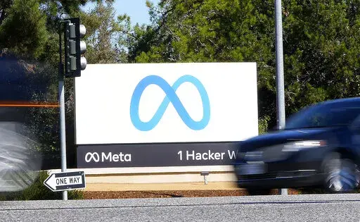 In this Oct. 28, 2021, photo, Facebook unveiled their new Meta logo on a sign at the company headquarters in Menlo Park, Calif. A new report from Meta finds a big jump in disinformation and propaganda linked to Russia's invasion of Ukraine. The company, which owns Facebook and Instagram, said its review of the first quarter of 2022 also found an increase in domestic disinformation and propaganda in countries around the world (AP Photo/Tony Avelar, File)