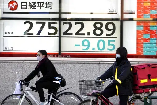 People on bicycle wait to cross a street in front of an electronic stock board showing Japan's Nikkei 225 index at a securities firm Tuesday, Feb. 21, 2023, in Tokyo. Asian shares were mostly lower Tuesday in quiet trading after U.S. markets were closed for Presidents Day. (AP Photo/Shuji Kajiyama)