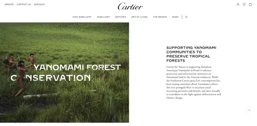 This frame, which was removed from Cartier's website, features an image of four Yanomami children playing in a lush green field while at the top of the page are links to purchase high-end jewelry. The French luxury jewelry brand said it was working to promote the culture of the Indigenous people and protect the rainforest. But the project that the site described never took place, and Cartier took down the photo when contacted by The Associated Press. (Cartier via AP)