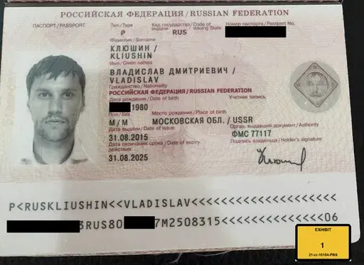 This image provided by the U.S. Attorney's Office, shows a Russian passport of Vladislav Klyushin, part of the government evidence entered into the record as exhibits in Klyushin's trial. Klyushin was sentenced Thursday, Sept. 7, 2023, to nine years in prison for his role in a nearly $100 million stock market cheating scheme that relied on secret earnings information stolen through the hacking of U.S. computer networks. ( U.S. Attorney's Office via AP)