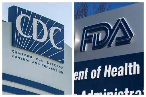 This combination of 2022 and 2020 file  photos shows logos for the U.S. Centers for Disease Control and Prevention and the Food and Drug Administration. On Wednesday, June 15, 2022, both Moderna and Pfizer will have to convince what’s essentially a science court -- advisers to the Food and Drug Administration -- that their shots work well in babies, toddlers and preschoolers. If the FDA’s advisers endorse one or both shots for them -- and the FDA agrees -- there’s still another hurdle. The