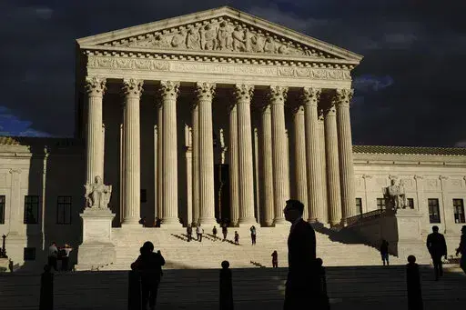 The U.S Supreme Court building is seen at dusk in Washington on Oct. 22, 2021. Nine months before the next election, Democrats are suffering under the weight of an unpopular president, a surging pandemic, runaway inflation and a stalled agenda. They’re hoping a Supreme Court appointment will help save them. Democrats across the political spectrum embraced Wednesday’s news of 83-year-old liberal Justice Stephen Breyer’s looming retirement, which gives President Joe Biden an opportunity to d