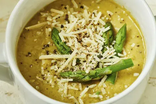 This January 2022 photo shows a recipe for asparagus soup in New York. (Cheyenne Cohen via AP)