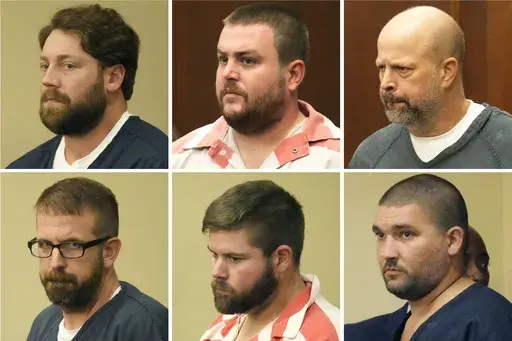 This combination of photos shows, from top left, former Rankin County sheriff's deputies Hunter Elward, Christian Dedmon, Brett McAlpin, Jeffrey Middleton, Daniel Opdyke and former Richland police officer Joshua Hartfield appearing at the Rankin County Circuit Court in Brandon, Miss., Aug. 14, 2023. Two Black men who were tortured for hours by the six Mississippi law enforcement officers in 2023 called Monday, March 18, 2024, for a federal judge to impose the strictest possible penalties at thei