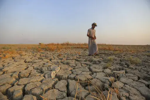 A fisherman walks across a dry patch of land in the marshes of southern Iraq which has suffered dire consequences from back to back drought and rising salinity levels, in Dhi Qar province, Iraq, Friday Sept. 2, 2022. (AP Photo/Anmar Khalil)