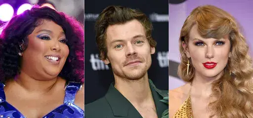 This combination of photos show Lizzo performing on NBC's "Today" show in New York on July 15, 2022, left, Harry Styles at the premiere of "My Policeman" during the Toronto International Film Festival on Sept. 11, 2022, center, and Taylor Swift at the American Music Awards in Los Angeles on Nov. 20, 2022. Lizzo, Styles, and Swift lead the 2023 iHeartRadio Music Awards nominations with seven nods each. (AP Photo)