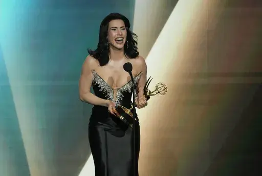 Jacqueline MacIness Wood accepts the award for outstanding performance by a lead actress in a daytime drama series for "The Bold and the Beautiful" during the 50th Daytime Emmy Awards on Friday, Dec. 15, 2023, at the Westin Bonaventure Hotel in Los Angeles. (AP Photo/Chris Pizzello)