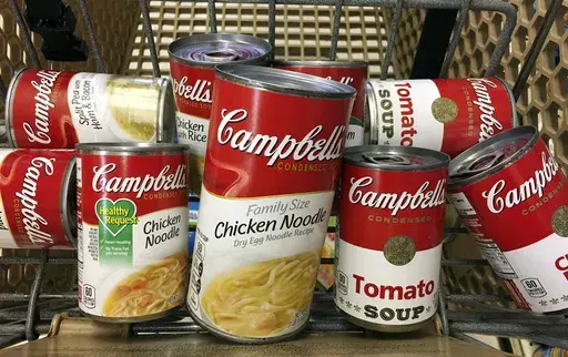 This May 23, 2017, file photo shows a variety of Campbell's soups in a grocery cart at a store in Phoenix. (AP Photo/Ross D. Franklin, File)