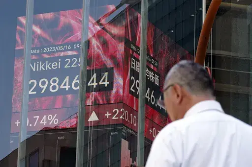A person walks in front of an electronic stock board showing Japan's Nikkei 225 index at a securities firm Tuesday, May 16, 2023, in Tokyo. Asian shares were mostly higher on Tuesday even though the latest data showed China’s economy is weaker than expected, with domestic demand failing to bounce back as much as hoped for after the pandemic. (AP Photo/Eugene Hoshiko)