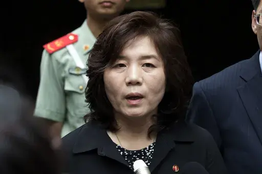 Choe Son Hui, then deputy director general of the Department of U.S. Affairs of North Korea Foreign Ministry, briefs journalists outside the North Korean embassy in Beijing, China, on June 23, 2016. North Korean Foreign Minister Choe Son Hui on Friday, April 21, 2023, called the Group of Seven wealthy democracies a “tool for ensuring the U.S. hegemony” as she lambasted the group’s recent call for the North’s denuclearization. (AP Photo/Andy Wong, File)